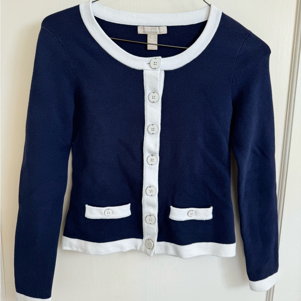 Banana Republic tipped sweater cardigan in navy and white.